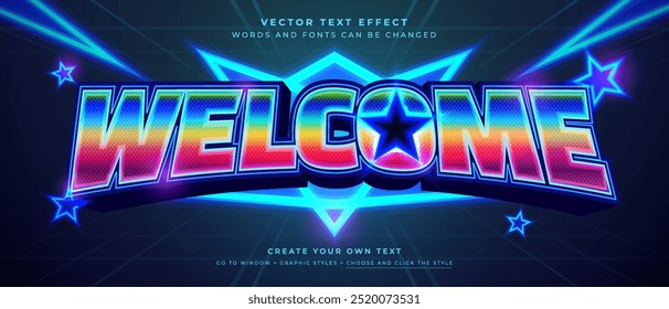 glowing retro welcome text effect on abstract background, 3d retro vibes vector graphic style