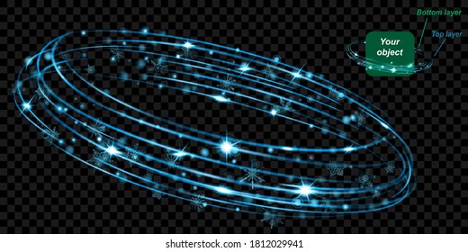 Glowing ring with glitter and snowflakes consist of two layers: top and bottom. In light blue colors on transparent background. Easy to use with your object. Transparency only in vector format