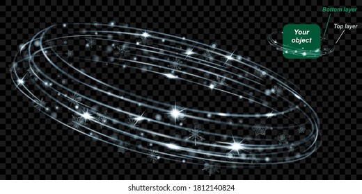 Glowing ring with glitter and snowflakes consist of two layers: top and bottom. In gray colors on transparent background. Easy to use with your object. Transparency only in vector format