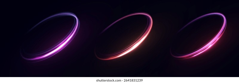 Glowing rings with neon glow texture and tilt to the side. Brightly glowing ellipses with purple-red glow on a black background.