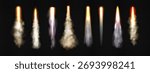 Glowing rocket flames with fire trails and jet exhaust streams for spaceship launch or propulsion effect. Orange plasma thrust with smoke plumes and bright energy beams. Spacecraft engine elements.