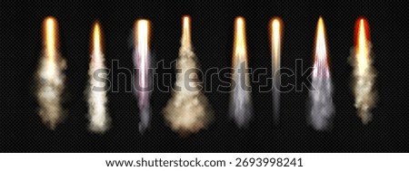 Glowing rocket flames with fire trails and jet exhaust streams for spaceship launch or propulsion effect. Orange plasma thrust with smoke plumes and bright energy beams. Spacecraft engine elements.