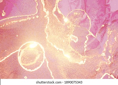 Glowing rose, and gold pattern with marble texture. Alcohol ink technique abstract vector background. Modern paint with glitter. Template for banner, poster design. Fluid art painting