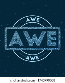 A glowing round badge with a network-style geometric 'AWE' stamp in space. Vector illustration.