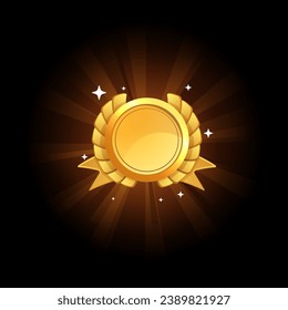 Estilo llano de medalla dorada brillante redondeado vacío, ilustración vectorial aislada en fondo negro. Elemento de diseño decorativo para juegos en línea, interfaz, logro