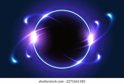 Glowing round frame on dark fantastic background. Abstract neon space portal into another dimension.