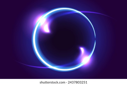 Glowing round frame on dark fantastic background. Abstract neon space portal into another dimension.