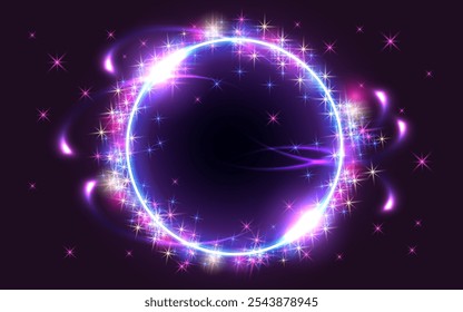 Glowing round frame on dark fantastic background. Abstract neon space portal into another dimension. Christmas holiday background.