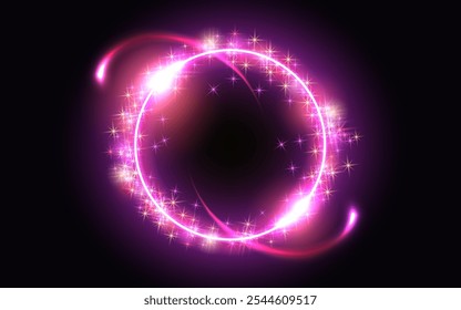 Glowing round frame on dark fantastic background. Abstract neon space portal into another dimension. Christmas holiday background.