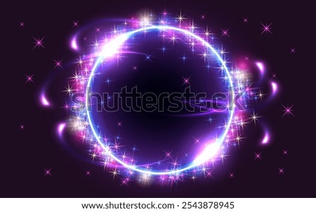 Glowing round frame on dark fantastic background. Abstract neon space portal into another dimension. Christmas holiday background.