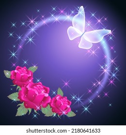 Glowing round frame with roses flowers, butterfly and sparkle stars