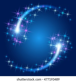 Glowing round frame with sparkle stars and firework with salute