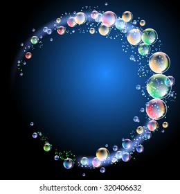 Glowing round frame with versicoloured bubbles