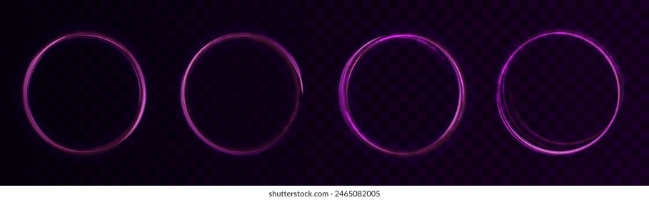 Glowing round PNG frame made of bright flowers on a transparent background with a neon lighting effect. Vector 10 EPS