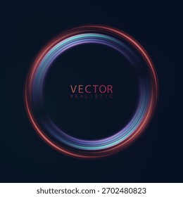 Un anillo redondo brillante con trazas brillantes de rotación y partículas centelleantes. Un círculo brillante en azul y rojo para diseños y superposiciones digitales sobre un fondo oscuro.  