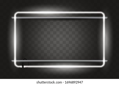 Glowing rounded rectangular neon frame, black background. Realistic vector illustration.