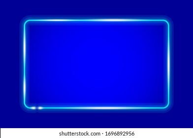 Marco rectangular de neón brillante redondeado, fondo azul. Ilustración vectorial realista.