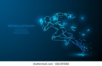 Glowing run polygonal on blue abstract background. low poly run backgraound. lines and triangles on blue background. 