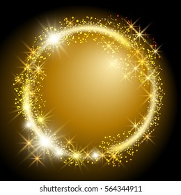 Glowing salute and firework with sparkle stars. Round frame.