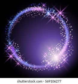 Glowing salute and firework with sparkle stars. Round frame.