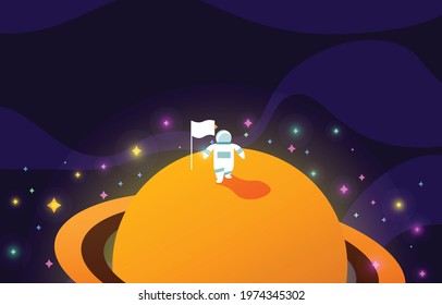 Glowing saturn background, space wallpaper with constellation glowing astronaut, copy space for design, flat style vector illustration.