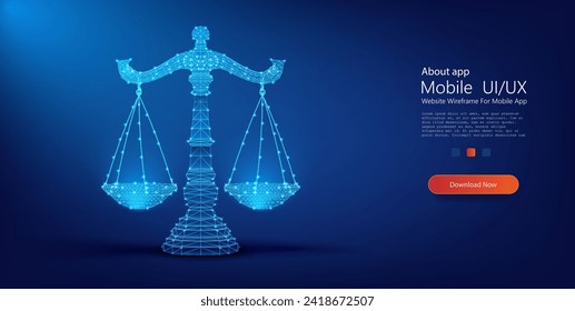 Glowing Scales of Justice in Blue Wireframe on Deep Blue Background. Symbol of law and justice, digital scales in a wireframe design, shining on a dark blue backdrop, representing legal technology.