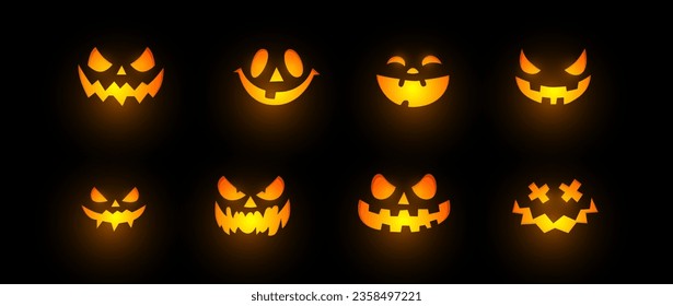 Caras brillantes, espeluznantes y divertidas, de la calabaza o fantasma de Halloween. Colección de vectores.