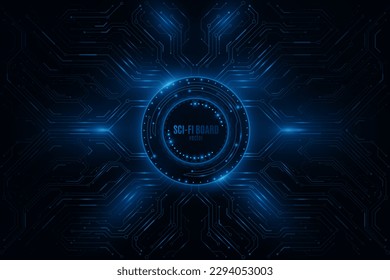 Glowing sci-fi panel with HUD round and computer circuit board. Futuristic hi-tech banner. Vector illustration. EPS 10