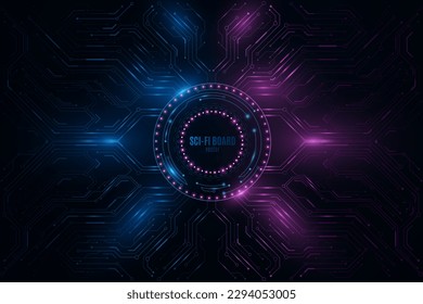 Glowing sci-fi panel with HUD round and computer circuit board. Futuristic hi-tech banner for your design. Vector illustration. EPS 10