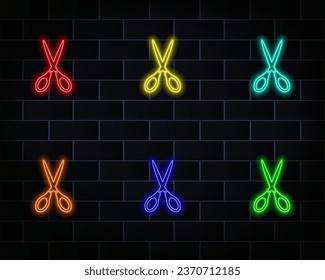 Glowing scissors neon sign. Hair salon, style and fashion concept. Advertising design. Bright colorful billboard at night, light banner. Vector illustration in neon style.. red. yellow, blue, pink, or