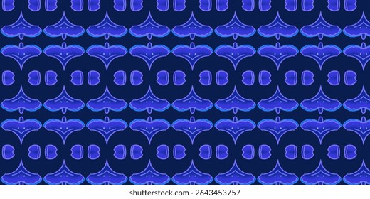 Glowing seamless pattern of manta-ray shaped elements in neon blue on a navy background. Elegant and aquatic fantasy design.