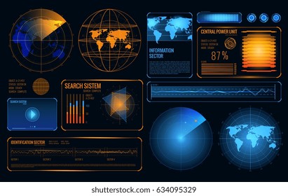 Glowing search radar set of retrieval system control panel user interface elements with graphs and buttons vector illustration