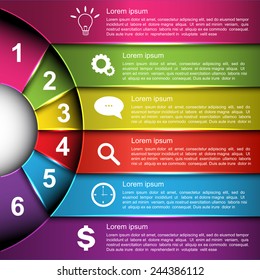 Glowing Semi-Circle With Number,  Business Icon and Information Text Design On Colorful Background, For Business/Finance Infographic. Vector Illustration