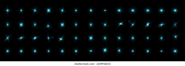 Conjunto brillante de efectos luminosos, resplandor, explosión, brillo, línea, ráfaga de sol y estrellas. Resumen de diseño de elementos de efecto especial. Rayo brillante con un rayo. Conjunto de brillantes y hermosas estrellas.