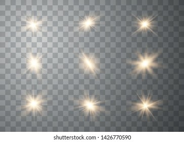 Glowing set lights effect, flare, explosion and stars. Special effect isolated on transparent background. Vector Illustration eps 10.