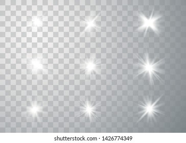 Glowing set lights effect, flare, explosion and stars. Special effect isolated on transparent background. Vector Illustration eps 10.