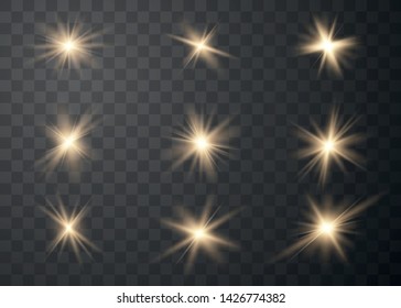 Glowing set lights effect, flare, explosion and stars. Special effect isolated on transparent background. Vector Illustration eps 10.
