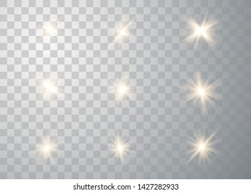 Glowing set lights effect, flare, explosion and stars. Special effect isolated on transparent background. Vector Illustration eps 10.