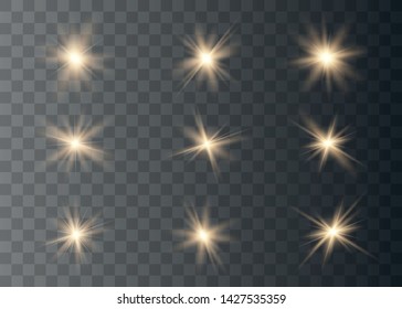Glowing set lights effect, flare, explosion and stars. Special effect isolated on transparent background. Vector Illustration eps 10.