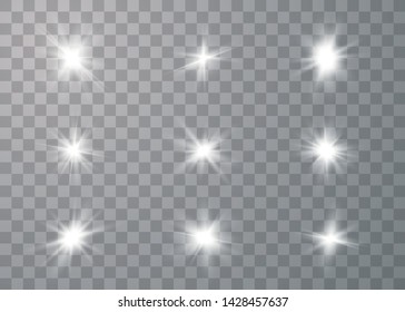 Glowing set lights effect, flare, explosion and stars. Special effect isolated on transparent background. Vector Illustration eps 10.