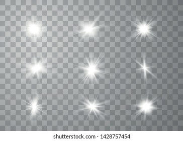 Glowing set lights effect, flare, explosion and stars. Special effect isolated on transparent background. Vector Illustration eps 10.