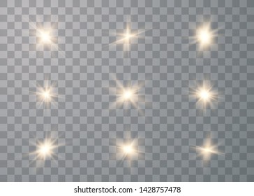 Glowing set lights effect, flare, explosion and stars. Special effect isolated on transparent background. Vector Illustration eps 10.