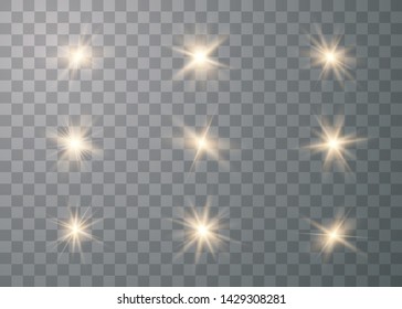 Glowing set lights effect, flare, explosion and stars. Special effect isolated on transparent background. Vector Illustration eps 10.