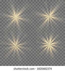 Glowing set lights effect, flare, explosion and stars. Special effect isolated on transparent background. Vector Illustration eps 10.