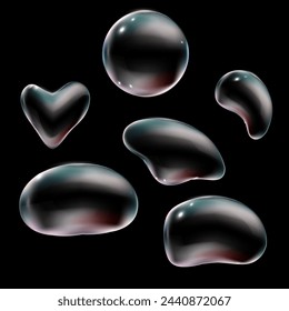 Glowing set soap bubbles on black background. Creative set realistic transparent liquid refraction iridescent bubble of different shapes