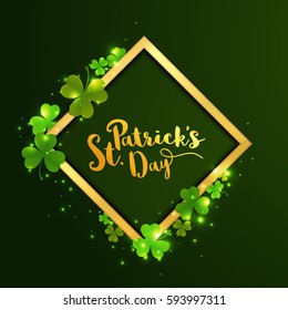 Glowing Shamrock Leaves decorated, Golden Frame with Text St. Patrick's Day.