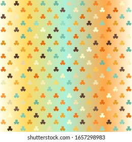 Glowing shamrock pattern. Seamless vector background - beige, brown, orange, yellow, green leaves on gradient backdrop