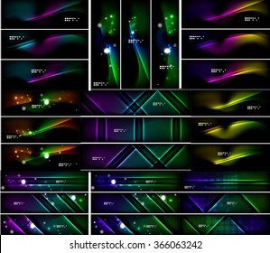 Glowing shapes on dark background. Vector set of black headers with light effects