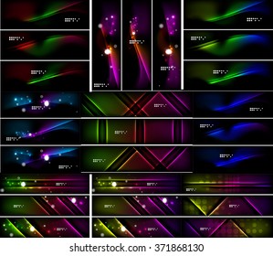 Glowing shapes on dark background. Vector set of black headers with light effects