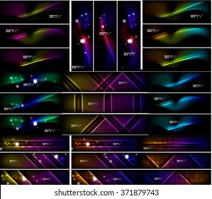 Glowing shapes on dark background. Vector set of black headers with light effects